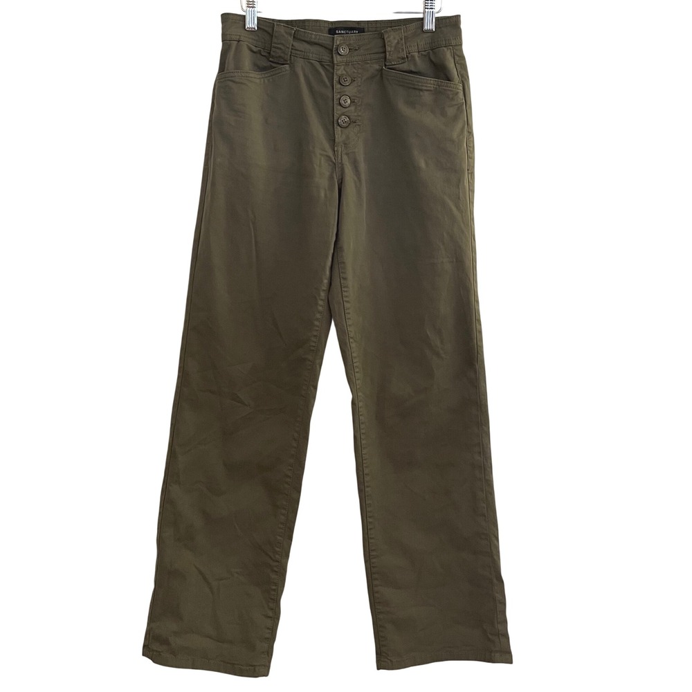 Sanctuary Womens Casual Pants Sz 27 (4) Olive Green Button Fly Wide Leg Trousers